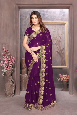 MIYANIFAB Embroidered, Floral Print Bollywood Georgette Saree(Purple)