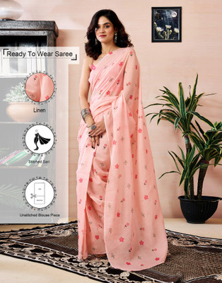 Samah Floral Print, Geometric Print, Printed Daily Wear Linen Saree(Pink)
