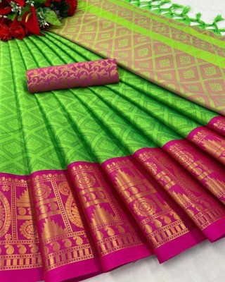 SHWENILA Woven Kanjivaram Cotton Silk Saree(Green, Pink)