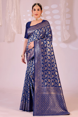 VKARAN Woven Banarasi Pure Silk Saree(Dark Blue)