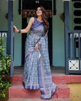 DIHORAS Printed Handloom Cotton Linen Saree(Blue)