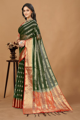 Aarunika SBT Striped Bollywood Organza Saree(Dark Green)