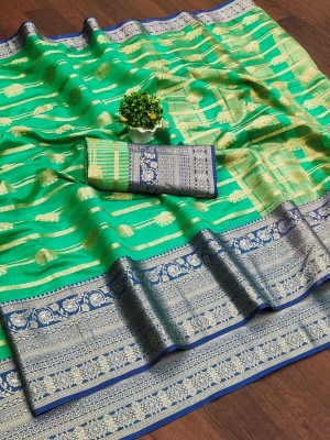 Saaransh Woven, Applique, Temple Border Kanjivaram Organza, Pure Silk Saree(Light Green)