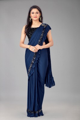 miracletex Embellished Bollywood Lycra Blend Saree(Dark Blue)