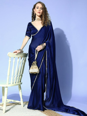 Sonika Solid/Plain Bollywood Silk Blend Saree(Dark Blue)
