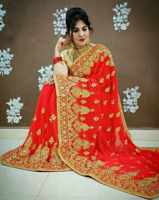Radheradhey Embroidered, Floral Print Bollywood Georgette Saree(Red)