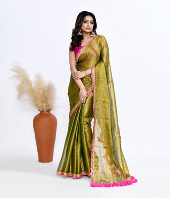 Houseofsprish Solid/Plain Handloom Tissue Saree(Dark Green)