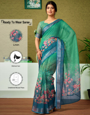 Samah Digital Print, Floral Print, Embellished Bollywood Linen Saree(Green)