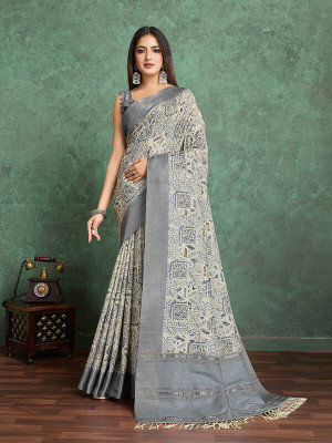 Divastri Digital Print, Printed Bollywood Tussar Silk Saree(Beige, Grey)