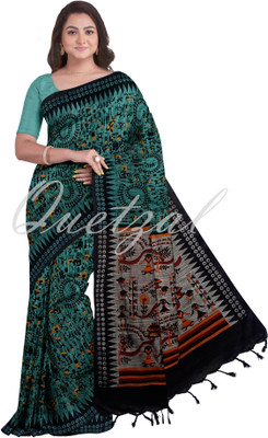 Quetzal Printed, Solid/Plain, Self Design Sambalpuri Pure Cotton Saree(Blue)