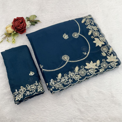 Ethina Fashion Embroidered Bollywood Chiffon Saree(Dark Blue)