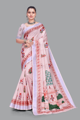 GAUMUKHI CREATION Printed Kanjivaram Linen Saree(Cream)