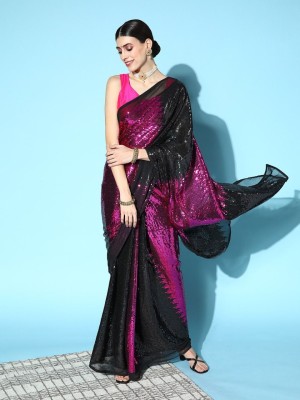 NAVSACHI Embroidered Bollywood Georgette Saree(Magenta, Black)