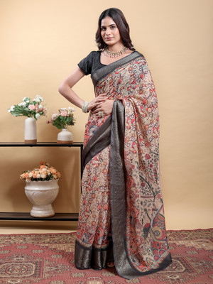 PK SAREES Printed Kalamkari Linen Saree(Multicolor)