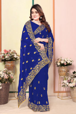 CHAMUNDA CREATION Embroidered Bollywood Georgette Saree(Blue)
