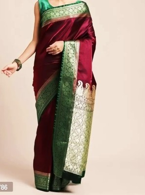 Ishrattextile Embroidered Banarasi Satin Saree(Maroon)