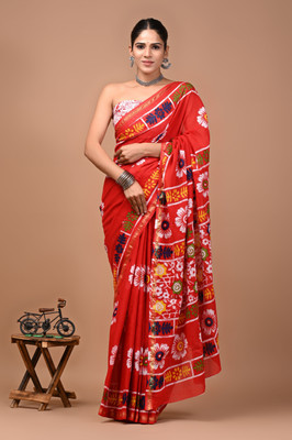 MANIHARI Printed, Blocked Printed, Floral Print, Hand Painted Daily Wear Pure Cotton Saree(Multicolor)