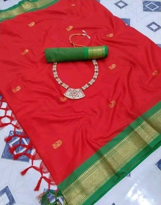 NST5 Woven Paithani Cotton Silk Saree(Red, Green)