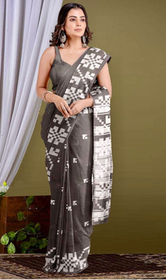 ANU INDIAN FASHION Geometric Print, Woven, Self Design Handloom Cotton Blend Saree(Brown)