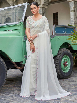 mahalaxmi fab Woven Bollywood Georgette Saree(White)