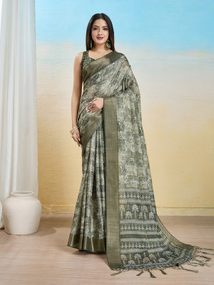 Divastri Printed Banarasi Tissue Saree(Green)
