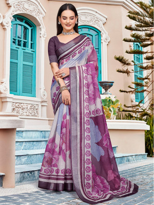 Sareemall Digital Print Hand Batik Cotton Linen Saree(Multicolor)