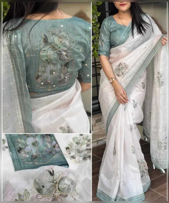 Millstar Floral Print Kantha Cotton Linen Saree(Green)