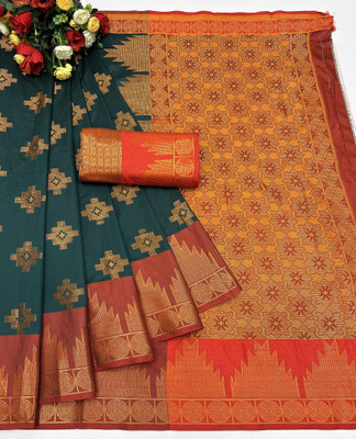 HK Trading Woven, Self Design, Temple Border Banarasi Cotton Silk Saree(Dark Green)