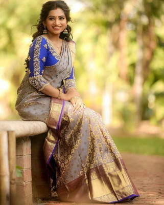 Upalksh Temple Border, Self Design Banarasi Jacquard, Pure Silk Saree(Grey)