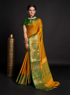 The Style Sanctuary Woven, Geometric Print, Floral Print, Self Design Bollywood Cotton Silk Saree(Yellow, Blue)