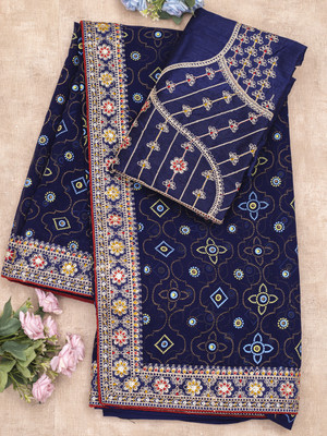 KRTVYAINTL Embroidered Bollywood Georgette Saree(Pack of 2, Blue)