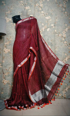 AMIT STORE Self Design Handloom Cotton Linen Saree(Maroon)