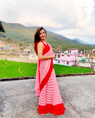 Moda Rapido Embellished, Striped Bollywood Satin Saree(Pink, Maroon)