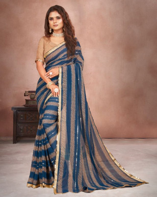 Jayu Striped Bollywood Georgette Saree(Blue, Beige)