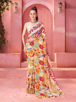 GARDEN VARELI Floral Print Bollywood Georgette Saree(Cream, Orange)