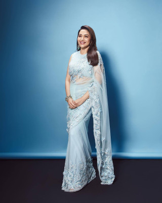 KRISHNACOLLECTION9 Embroidered, Embellished, Floral Print, Woven, Self Design Bollywood Net Saree(Light Blue)