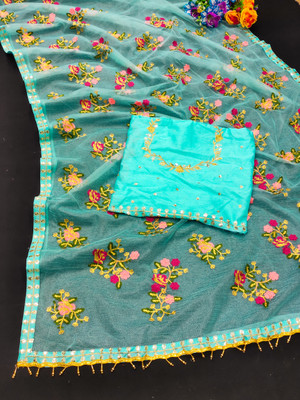 KHRITI FAB Embroidered, Floral Print Bollywood Net Saree(Light Blue)