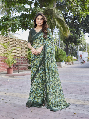 Moda Rapido Floral Print Bollywood Georgette Saree(Green)