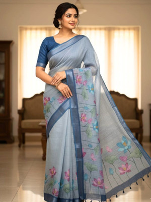 Rupdarshi Floral Print Assam Silk Linen Saree(Blue)