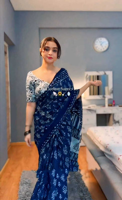 JASU CREATION Printed Handloom Cotton Linen Saree(Blue)