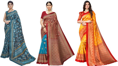 Nirvaan Printed, Woven Daily Wear Art Silk Saree(Pack of 3, Blue, Red, Yellow)