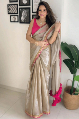 Moda Rapido Embroidered Saree with Attached Blouse Cotton Silk Saree(Beige)