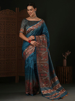 ANOUK Printed Daily Wear Silk Blend Saree(Blue)