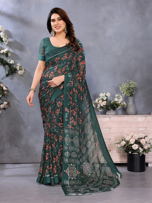 kashvi sarees Floral Print Ikkat Georgette, Satin Saree(Dark Green)