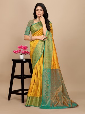 Pionex Woven Banarasi Jacquard, Pure Silk Saree(Yellow)