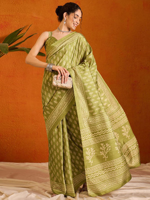 Anouk Rustic Printed Daily Wear Cotton Blend Saree(Green)