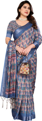Myraani Floral Print Daily Wear Cotton Linen Saree(Multicolor)