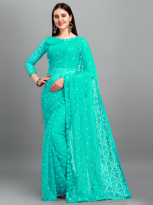 Indy Bliss Self Design Lucknow Chikankari Net Saree(Blue)