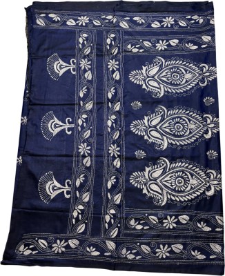 Anuradha Bhattacharjee Embroidered Kantha Pure Silk Saree(Blue)