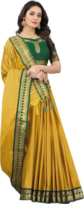 Paramparik Textile Temple Border, Solid/Plain Banarasi Cotton Silk Saree(Gold)
